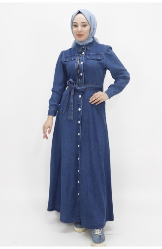 Sahte Cep Detaylı Düğmeli Tesettür Kot Elbise 1658-01 Koyu Kot Mavi