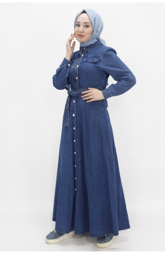 Sahte Cep Detaylı Düğmeli Tesettür Kot Elbise 1658-01 Koyu Kot Mavi