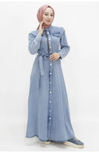 Robe Hijab Boutonnée Avec Fausse Poche En Jean 1658-02 Bleu Glace 1658-02