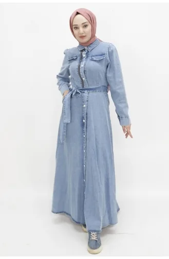 Robe Hijab Boutonnée Avec Fausse Poche En Jean 1658-02 Bleu Glace 1658-02