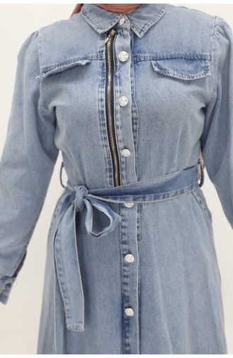 Robe Hijab Boutonnée Avec Fausse Poche En Jean 1658-02 Bleu Glace 1658-02