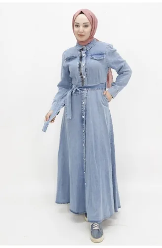 Robe Hijab Boutonnée Avec Fausse Poche En Jean 1658-02 Bleu Glace 1658-02