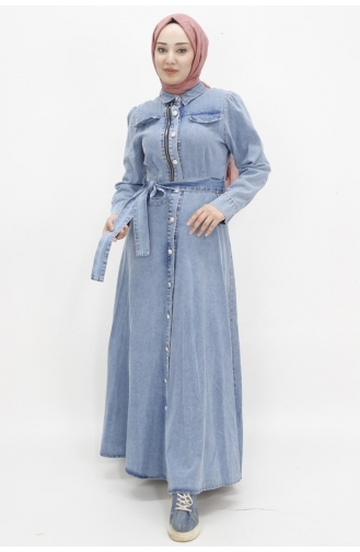 فستان من الجينز مُزين بتفاصيل جيوب وأزرار 1658-02 لون أزرق فاتح 1658-02
