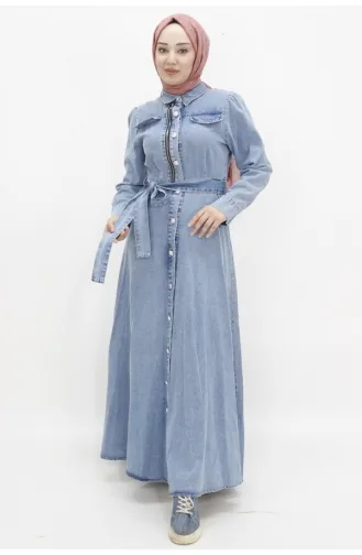 Robe Hijab Boutonnée Avec Fausse Poche En Jean 1658-02 Bleu Glace 1658-02