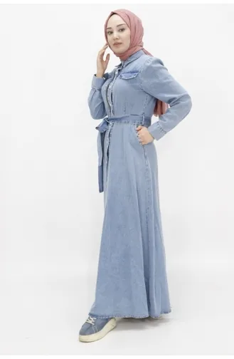Robe Hijab Boutonnée Avec Fausse Poche En Jean 1658-02 Bleu Glace 1658-02