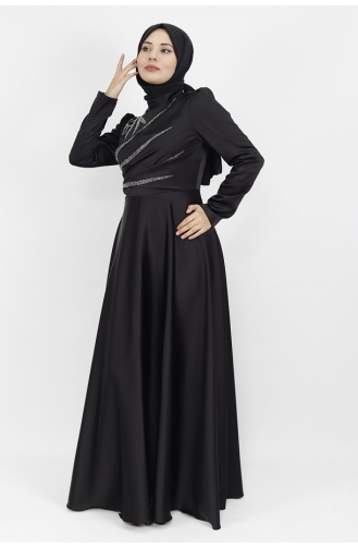 فستان سهرة للحجاب مُطبع بأحجار الساتان 596-01 لون أسود 596-01