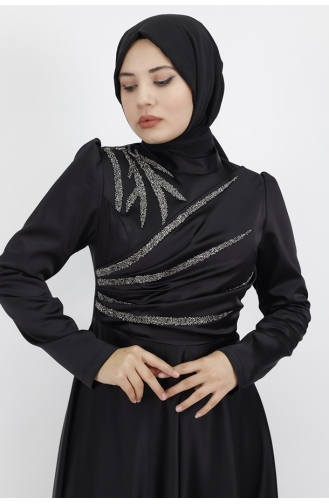 Satijnen Stof Steen Bedrukte Hijab-avondjurk 596-01 Zwart 596-01