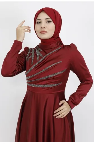 فستان سهرة للحجاب مُطبع بأحجار الساتان 596-02 لون خمري 596-02
