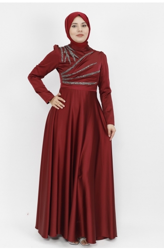 Satin Fabric Stone Printed Hijab Evening Dress 596-02 Claret Red 596-02