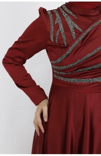 فستان سهرة للحجاب مُطبع بأحجار الساتان 596-02 لون خمري 596-02