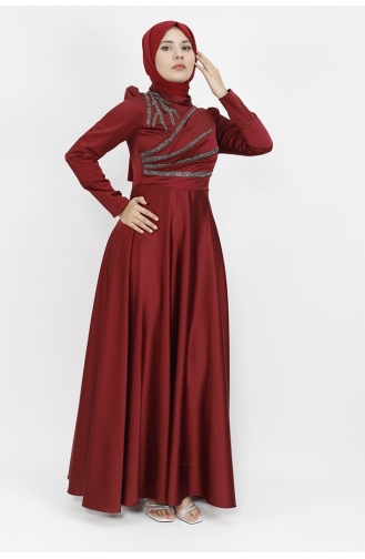 فستان سهرة للحجاب مُطبع بأحجار الساتان 596-02 لون خمري 596-02
