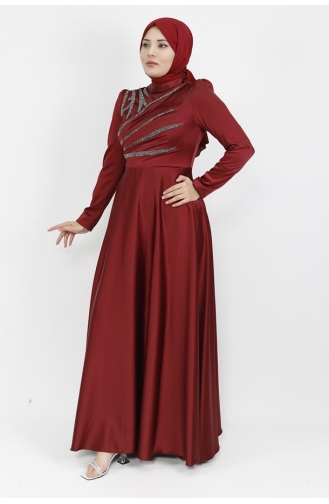 Satin Fabric Stone Printed Hijab Evening Dress 596-02 Claret Red 596-02