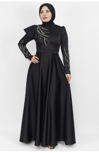 Robe De Soirée Hijab Détail Pierre Imprimée Et Épaules En Tissu Satiné 610-01 Noir 610-01