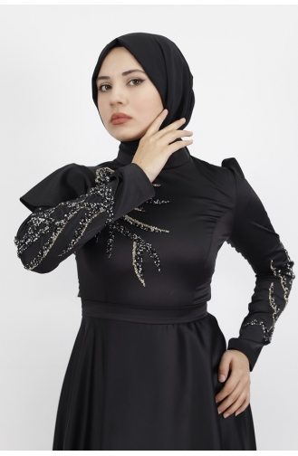 Satijnen Stof Steen Bedrukt En Schouder Gedetailleerde Hijab Avondjurk 610-01 Zwart 610-01