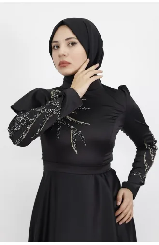 Saten Kumaş Taş Baskili Ve Omuz Detayli Tesettür Abiye 610-01 Siyah