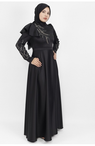 Hijab-Abendkleid Aus Satinstoff Mit Steinmuster Und Schulterdetail 610-01 Schwarz 610-01