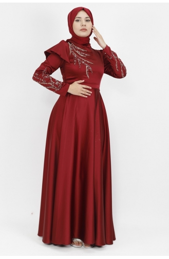فستان سهرة للحجاب مزين بتفاصيل من الحجر وطبعات من الساتان 610-02 لون خمري 610-02