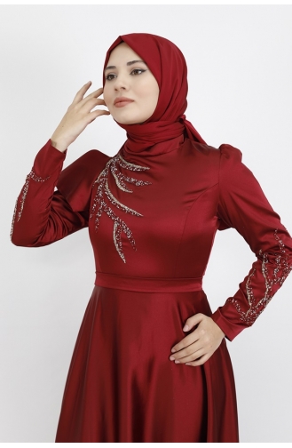 Satin Fabric Stone Printed And Shoulder Detailed Hijab Evening Dress 610-02 Claret Red 610-02