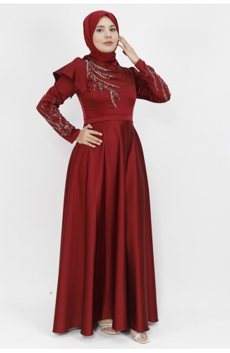 Robe De Soirée Hijab En Tissu Satiné Imprimé Pierre Et Détail Épaule 610-02 Rouge Claret 610-02