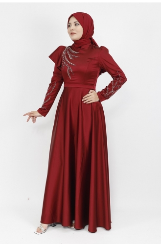 Satin Fabric Stone Printed And Shoulder Detailed Hijab Evening Dress 610-02 Claret Red 610-02