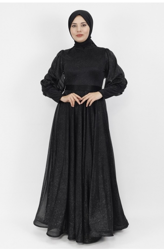 Lurex Fabric Belted Waist Hijab Evening Dress 2047-01 Black 2047-01