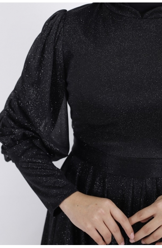 Lurex Fabric Belted Waist Hijab Evening Dress 2047-01 Black 2047-01