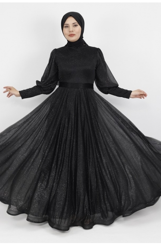 Hijab-Abendkleid Aus Lurex-Stoff Mit Taillengürtel 2047-01 Schwarz 2047-01
