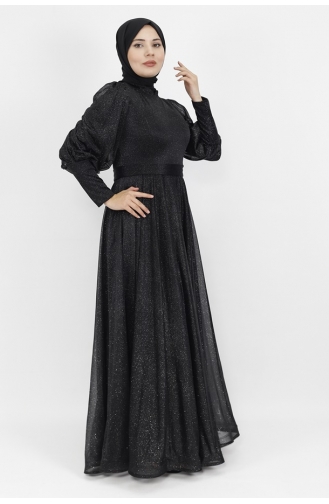 Lurex Stof Riem Taille Hijab Avondjurk 2047-01 Zwart 2047-01