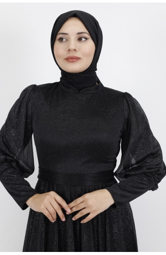 Lurex Stof Riem Taille Hijab Avondjurk 2047-01 Zwart 2047-01