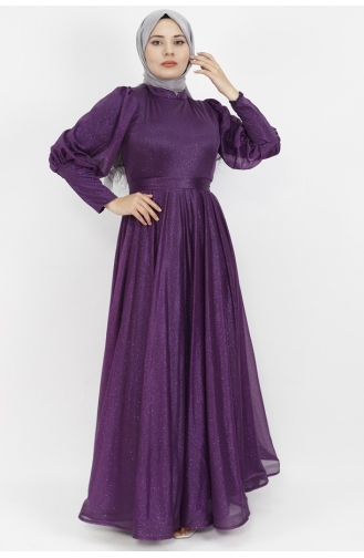 Hijab-Abendkleid Aus Lurex-Stoff Mit Taillengürtel 2047-02 Lila 2047-02