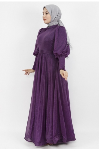 Lurex Fabric Belted Waist Hijab Evening Dress 2047-02 Purple 2047-02