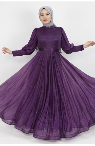 Lurex Fabric Belted Waist Hijab Evening Dress 2047-02 Purple 2047-02
