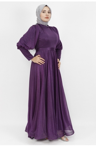 فستان سهرة للحجابات مصنوع من القماش لوركس وحزام للخصر 2047-02 لون بنفسجي 2047-02