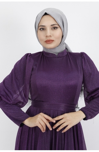 Robe De Soirée Hijab Tissu Lurex Avec Ceinture 2047-02 Pourpre 2047-02