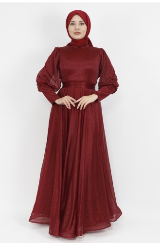 Robe De Soirée Hijab Tissu Lurex Avec Ceinture 2047-03 Rouge Claret 2047-03