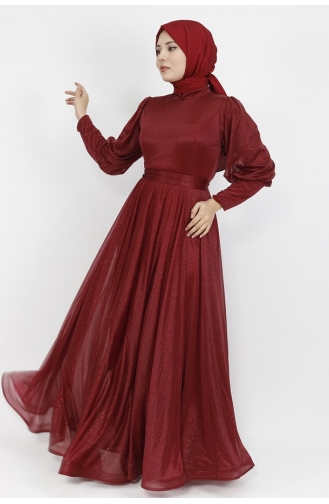 Lurex Fabric Belted Waist Hijab Evening Dress 2047-03 Claret Red 2047-03