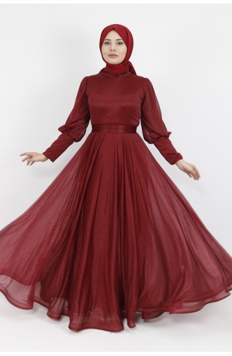 Lurex Fabric Belted Waist Hijab Evening Dress 2047-03 Claret Red 2047-03