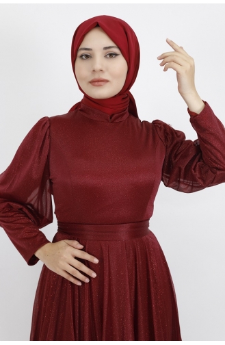 Lurex Fabric Belted Waist Hijab Evening Dress 2047-03 Claret Red 2047-03