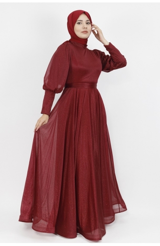 Lurex Fabric Belted Waist Hijab Evening Dress 2047-03 Claret Red 2047-03