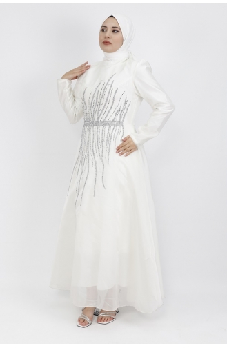 Tulle Fabric Front Stone Detailed Hijab Evening Dress 1191-01 White 1191-01