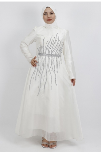 Tulle Fabric Front Stone Detailed Hijab Evening Dress 1191-01 White 1191-01