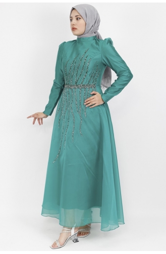فستان سهرة للحجاب مُزين بأحجار لامعة من قماش التول 1191-02 لون أخضر 1191-02