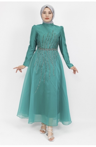 Hijab-Abendkleid Mit Tüllstoff Vorne Und Steindetail 1191-02 Grün 1191-02
