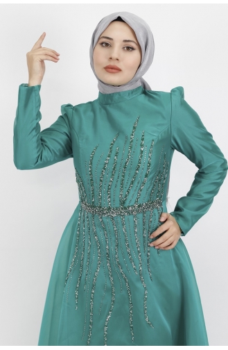فستان سهرة للحجاب مُزين بأحجار لامعة من قماش التول 1191-02 لون أخضر 1191-02