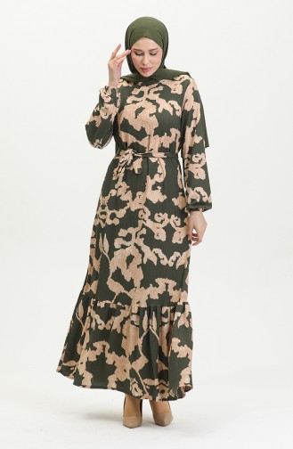 Jurk Met Riem En Gemengd Patroon 0388-03 Khaki Mink 0388-03