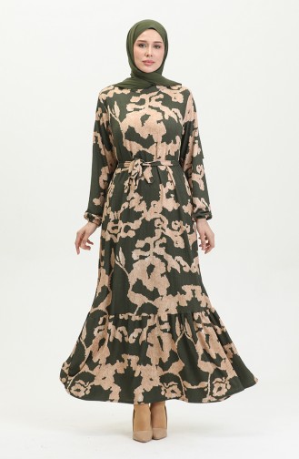 Jurk Met Riem En Gemengd Patroon 0388-03 Khaki Mink 0388-03
