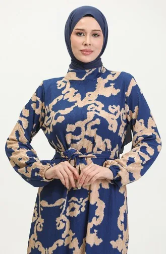 فستان منقوش بحزام 0388-01 فيزون أزرق ملكي 0388-01