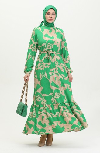 Jurk Met Riem En Gemengd Patroon 0388-04 Green Mink 0388-04