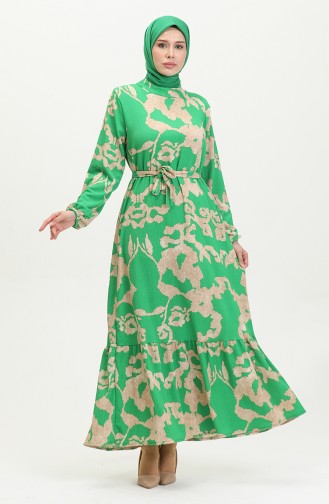 Karışık Desenli Kuşaklı Elbise 0388-04 Yeşil Vizon