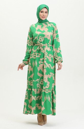 Karışık Desenli Kuşaklı Elbise 0388-04 Yeşil Vizon